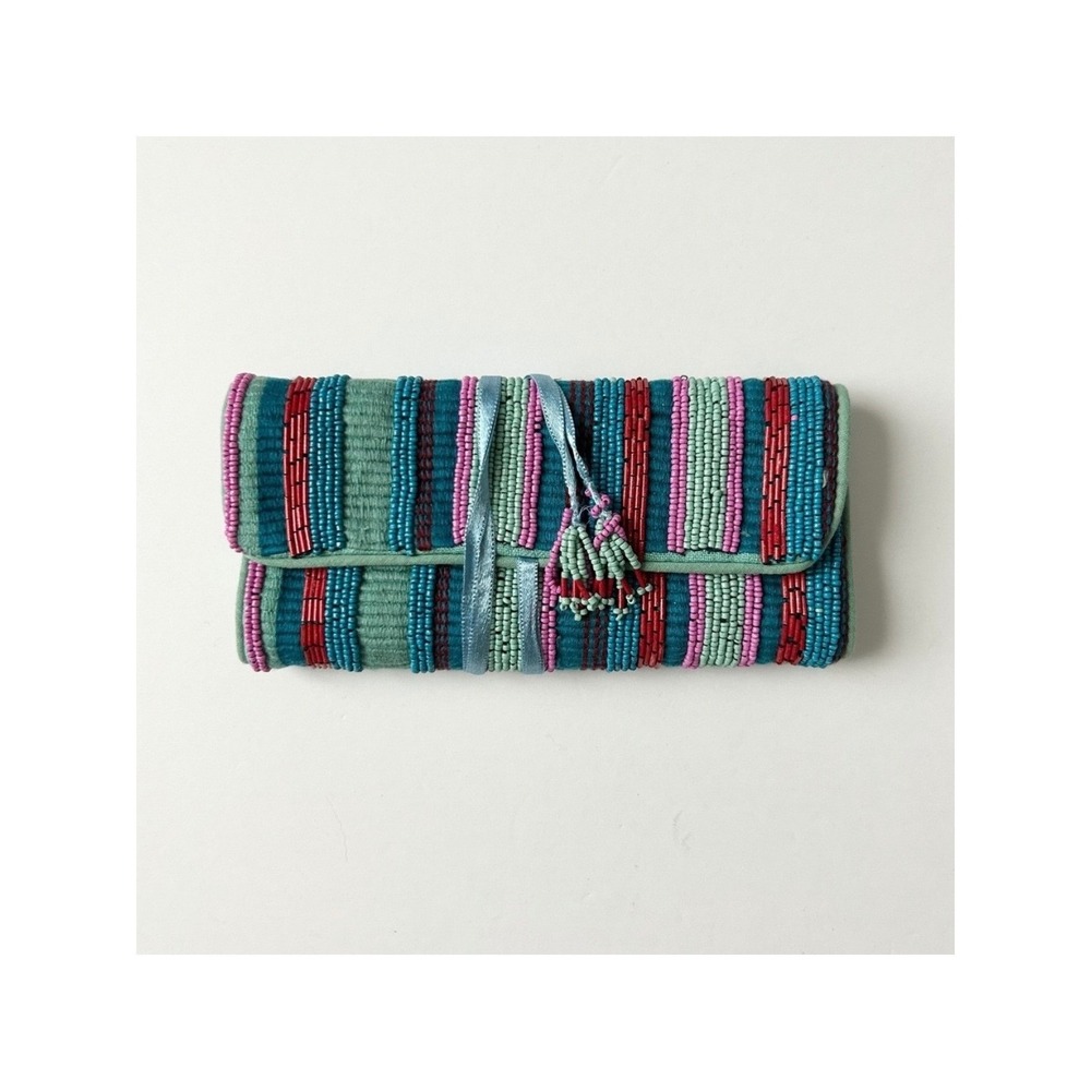 Anthropologie Danica Beaded Embellished Jewelry Roll Organizer Pouch Striped